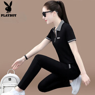 花花公子（PLAYBOY）時(shí)尚女裝短袖T恤長(cháng)褲運動(dòng)套裝女士夏天新款大碼洋氣polo衫休閑裝 黑色 2XL【建議120-132斤】