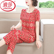 浪莎（LangSha）棉綢套裝女夏季新款時(shí)尚大碼洋氣中老年媽媽短袖九分褲兩件套睡衣 俏麗紅 M (100斤內(nèi))