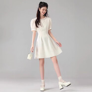 凡兔（ONE-T）粉色小香風(fēng)連衣裙女夏季2025新款重工釘珠千金泡泡袖顯瘦裙子 米色[4L1132] L 建議110-120斤