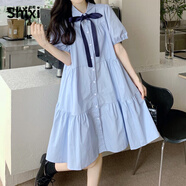世希大碼女裝韓版寬松遮肚子連衣裙女夏季胖妹妹顯瘦減齡學(xué)院風(fēng)中長裙 藍色 M [建議85-100斤]