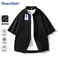 NASA GISS短袖襯衫男潮流純色麂皮絨襯衣寬松休閑男士上衣外套 黑色 2XL