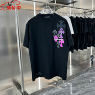 克羅心（chrome heart）官方艦旗夏季新款彩色金屬短袖男女T恤時(shí)尚克羅心十字架梵文寬店 黑色 XL
