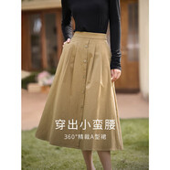 茵曼秋女裝文藝復(fù)古通勤中長(zhǎng)款學(xué)院風(fēng)純棉半身裙女傘裙子 茶綠色1 M