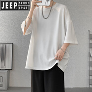 JEEP SPIRIT吉普墨綠色冰絲肌理感7七分袖t恤男夏感蝙蝠短袖陽(yáng)光干凈男生穿搭 白色 4XL 180至200斤可穿