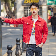 榮西圖（RONGXITU）新款男裝牛仔夾克時尚韓版修身破洞棉彈牛仔衣潮流外套2025顯瘦 紅色 M