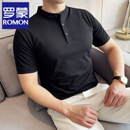 羅蒙（ROMON）純色正肩短袖Polo領(lǐng)衫男春秋潮牌亨利領(lǐng)T恤韓版修身男士短袖體恤 黑色 4XL