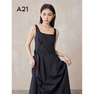 A21女裝方口領(lǐng)連衣裙夏季新款赫本風(fēng)氣質(zhì)法式吊帶裙無袖收腰A字裙 黑色 S