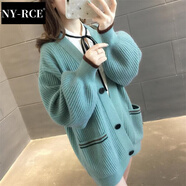 NY-RCE針織衫女開衫外套秋季新款毛衣寬松學生上衣韓版慵懶風外搭 8003湖藍 均碼