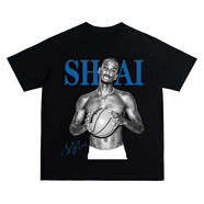 NBA KIDS-NBA亞歷山大美式復(fù)古數(shù)碼直噴印花圓領(lǐng)短袖水洗做舊高街潮純棉T恤男 純黑-4 L