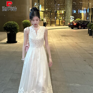 皮爾卡丹（pierre cardin）法式夏季收腰顯瘦氣質(zhì)V領(lǐng)連衣裙裝2025新款清白色無(wú)袖長(cháng)裙子 杏白色 M :【98-108斤】