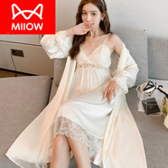 貓人（MiiOW）真絲睡衣女春秋款性感吊帶睡裙一字領(lǐng)抹胸兩件套薄款夏季睡袍 白色7031長裙【帶胸墊】 M 女神(80斤-100斤)