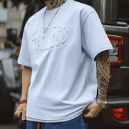 馬登工裝美式休閑3D印花短袖重磅純棉T恤男夏透氣寬松體恤高街半袖衫 藍色 XL