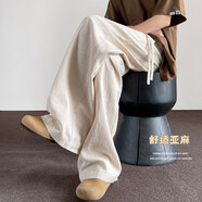 NEW OR MODE老錢風(fēng)亞麻褲子男士新款夏季薄款棉麻闊腿褲寬松顯瘦直筒休閑長褲 杏色 XL 【建議125-145斤】