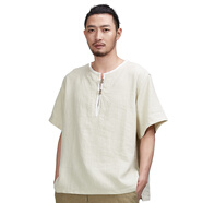 楠中國風(fēng)苧麻短袖t恤男全麻寬松中年大碼半袖上衣夏季新款休閑清塵 36#亞麻原色 S