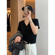 蕓玫兒（yunmeier）2025年夏季新款夏天感V領短袖T恤女正肩短款不規(guī)則弧形半袖設計感 黑色 S