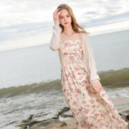 三彩2025夏季新款碎花吊帶裙無(wú)袖高腰連衣裙顯瘦A字裙長(cháng)裙度假M