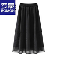 羅蒙（ROMON）半身裙女2023夏季新款高腰雪紡拼接裙子中長款大擺休閑百搭A(yù)字裙 黑色 L 110到125斤