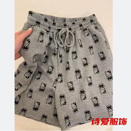 咚憬灰色可愛(ài)設計Kitty印花短褲女夏季韓版甜辣ins寬松休閑褲闊腿褲女 灰色 M