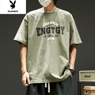 花花公子短袖t恤男生美式休閑復(fù)古字母印花半袖衣服夏季寬松男士 豆沙綠 2XL _[建議146-170斤]