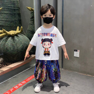 ABCND哪吒兒童服裝25新款男童夏季套裝個(gè)性男孩短袖T恤寶寶夏天防蚊褲 白色亮燈 白色亮燈 90