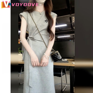 VOYDOVE韓版灰色綁帶不規(guī)則短袖連衣裙女春夏設(shè)計(jì)感小眾氣質(zhì)收腰a字長(zhǎng)裙 灰色 【z】 M