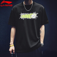 李寧（LI-NING）短袖t恤男夏季薄款涼感冰絲體恤寬松休閑透氣棉質(zhì)圓領(lǐng)運動(dòng)上衣 黑色-青出于籃 L /175 (120-145斤)