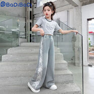 巴帝巴帝（Badibadi）女童套裝夏裝夏季新款短袖2025大童兒童學(xué)生洋氣牛仔褲女孩兩件套 灰色短+牛仔褲 130