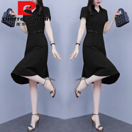 皮爾卡丹（pierre cardin）新款復(fù)古POLO領(lǐng)純色短袖連衣裙夏收腰顯瘦氣質(zhì)大尺碼中長款裙子 V42#黑色【有口袋】今年流行的輕 XL 【建議115-125斤】
