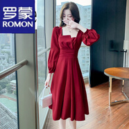 羅蒙（ROMON）輕奢女裝 連衣裙女春秋季新款大I碼女裝秋裝女長(zhǎng)袖新款中長(zhǎng)款裙子 酒紅色連衣裙 時(shí)尚百搭 2XL 【建議125-135斤】