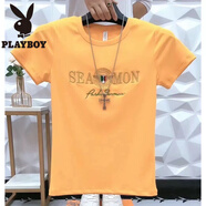 花花公子（PLAYBOY）夏季新款個性男短袖純棉t恤時尚高端印花百搭潮流圓領體恤半截男 黃色短袖 SEA S 建議85-100斤