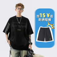杜小閑 美式復(fù)古純棉短袖t恤男夏季新款潮流oversize痞帥三條杠半袖體恤 黑色短袖+黑色短褲 M [推薦80-100斤]