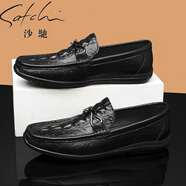 沙馳男鞋休閑皮鞋2025新款鴕鳥(niǎo)紋真皮軟面商務(wù)一腳蹬豆豆鞋男 【黑色】 44