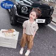 迪士尼（Disney）女寶寶夏裝套裝洋氣兒童衣服小孩兩件套2三3到4五6歲女童夏季短袖 卡其色【短袖套裝】 100 cm