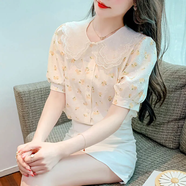 菲尼東爵2025新款夏碎花泡泡袖雪紡短袖襯衫女娃娃領(lǐng)設(shè)計感小眾短袖上衣女 11黃色花 L 建議101斤-110斤
