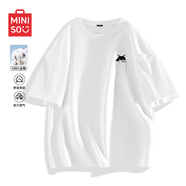 名創(chuàng  )優(yōu)品（MINISO）純棉中袖男2025夏季簡(jiǎn)約百搭寬松潮多巴胺色系純色短袖T恤男大碼 【100%純棉】白色(口袋貓胸標) L 175 (名創(chuàng  )優(yōu)品 品控嚴格)