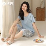 秋鹿睡衣女純棉25夏短袖七分褲圓領(lǐng)印花短袖家居服套裝 淺蘭/格子  M 