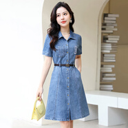 歐潤娜藍色翻領(lǐng)牛仔連衣裙女2025夏季新款小個子顯高刺繡收腰顯瘦a字裙 藍色 S 85-100