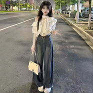 蝶嬌諾（DIEJIAONUO）休閑褲女裝夏季新款2025年茶系穿搭小個(gè)子衣服闊腿褲子兩件套套裝 牛仔闊腿褲 L