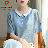 皮爾卡丹（pierre cardin）拼色領(lǐng)短袖女恤夏裝天絲針織衫時(shí)髦洋氣打底衫半袖翻領(lǐng)體恤 清新藍(lán) M 90-105斤
