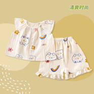 北極絨（Bejirog）兒童家居服套裝夏季薄款洋氣可愛短袖短褲睡衣小女孩寶寶夏裝 飛袖套裝-彩虹兔 120 cm 建議身高+10拍