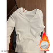 白色正肩修身V領(lǐng)長(zhǎng)袖t恤新款加絨緊身上衣女春秋季單穿內(nèi)搭打底衫 白色v領(lǐng)收腰加絨長(zhǎng)袖 S
