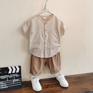 G·DUCK KIDS童裝男童棉麻套裝夏裝2025新款兒童洋氣兩件套條紋寶寶夏天衣服潮 卡其色 正碼 110