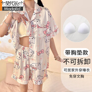 莫代爾冰絲睡衣女夏季短袖新款HELLOKITTY凱蒂貓加大碼綢帶胸墊家居服 QY-68004 L