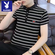 花花公子夏季條紋短袖T恤男冰絲Polo衫翻領(lǐng)韓版修身半袖上衣服男裝潮牌 polo紅貼標黑色 3XL  140-155斤