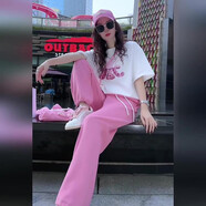 VZVY夏季新款女裝時尚潮牌寬松休閑印花短袖白體t恤燈籠褲套裝兩件套 粉色套裝 XL 高品質(zhì)(建議115-130斤)