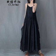 衣瑾帛社白色連衣裙女夏棉質(zhì)不規(guī)則飄逸超長款過膝大擺吊帶裙女沙灘長裙子 黑色 M