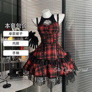 語(yǔ)森憶哥特風(fēng)洛麗塔連衣裙搖滾辣妹｜亞文化暗黑蕾絲吊帶連衣裙哥特朋克 黑紅[單款連衣裙+內搭 均碼 S