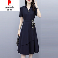 皮爾卡丹（pierre cardin）連衣裙mm夏季女神范氣質(zhì)2025新款收腰不規則法式裙子潮 藏青色 2XL (建議130-145斤)