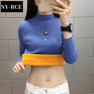 NY-RCE半高領(lǐng)加絨毛衣打底衫女新款秋冬女士加厚保暖修身內(nèi)搭針織衫 海霧藍(lán)色(純色袖) 加絨 L