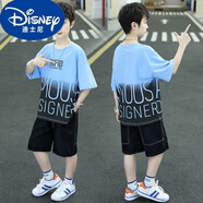迪士尼（Disney）6歲學(xué)生T恤短褲兩件套新款5歲男孩運(yùn)動(dòng)服8歲兒童短袖套裝 天藍(lán)色吊染套裝 120 建議身高105-115厘米